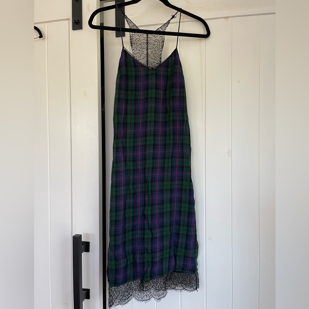 Zara plaid spaghetti strap midi dress with black lace accents size xs